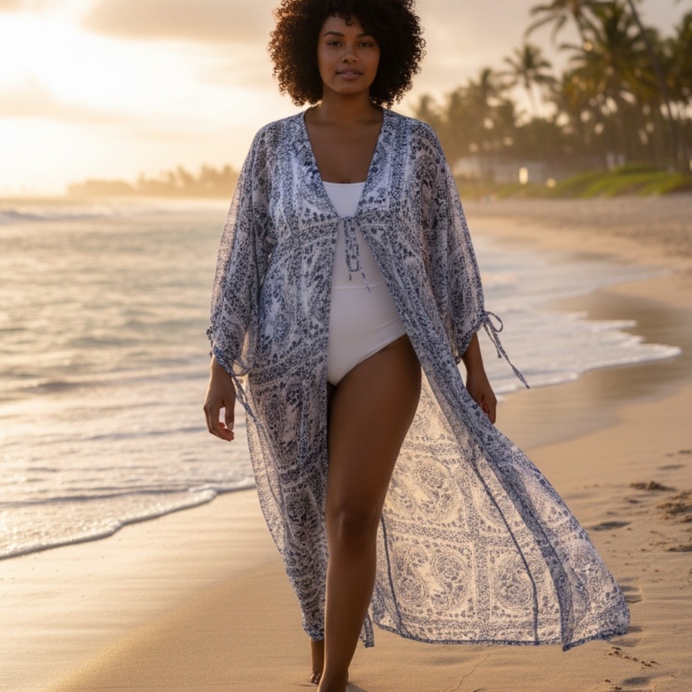 Blue Paisley Sheer Swim Cover-Up Kimono - Relaxed Beach Wrap